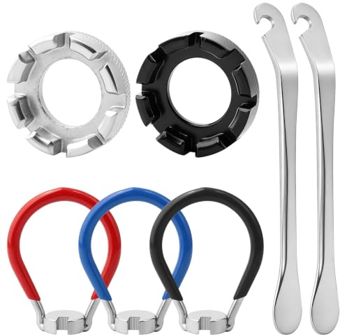 Kit reparation velo 7 pièces, clé à rayons vélo universelle et demonte pneu | Kit outils vélo acier pour entretien et réparation pneus, compatible VTT, vélo route, vélo ville, vélo trekking