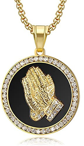 Hip Hop Iced Out Praying Hand Pendant With Mens Chain Gold Color Stainless Steel CZ Charm Round Necklace Jewelry Gift 50cm