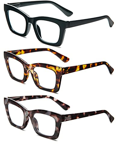 MMOWW 3 Pacco Occhiali da Lettura Donna Rettangolari - Oversize Square Frame Anti Luce Blu Occhiali +2.0