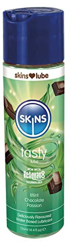 Skins Lubrificante a base d'acqua al cioccolato alla menta, 130 ml, gel lubrificante commestibile fresco e cremoso per giochi orali e intimi, lubrificante aromatizzato con gusto naturale, vegano
