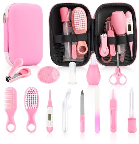 Kit för bebissjukvård och skötsel, 14-i-1, babysäkerhetsset, nyfödd, barnkammare, hälsovård, set med hårborste, våg, nagelklippare för babyflickor, pojkar (14 kit rosa)