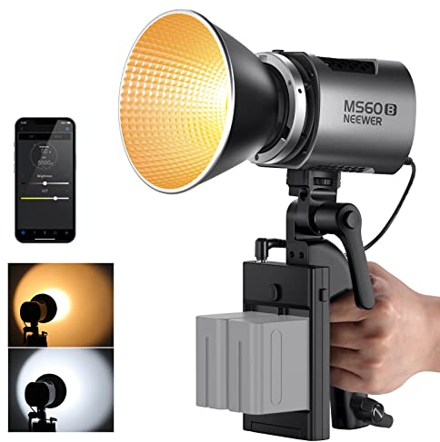 NEEWER MS60B Luz de Vídeo LED con 2.4G/App Control, 65W Mini Compact COB Bi Color Foco Lámpara Iluminación Continua 2700K-6500K, 40000lux@1m, CRI 97+/TLCI 98+,12 Efecto, PWM Atenuación, Bowens Mount