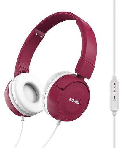 Roxel RX110 Lightweight Wired Foldable Headphones with Mic & Volume Control, On-Ear Headphones, Ergonomic Design, Answer Incoming Calls, Compatible with Android and IOS Devices (Cherry Red)