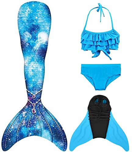 Pyjacos meerjungfrauenflosse mädchen Badeanzug - Meerjungfrau Flosse Bademode mit Bikini Set und Monoflosse Mermaid Tail, 4 Stück Set,4blueseJK-150