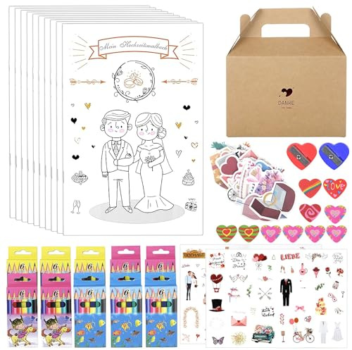 YSWOVUO Lot de 10 livres de coloriage de mariage pour enfants, livre de coloriage de mariage avec autocollants, crayons de couleur, taille-crayon, effaceur et boîte cadeau, cadeaux d'invités, livre de