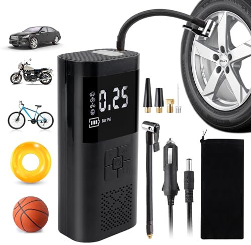 PTSBENCO Portable Air Compressor Pump Tyre Inflator with LED Light, Multi-Function Mini Car Air Pump for Bicycles and Sports Inflating (Black)