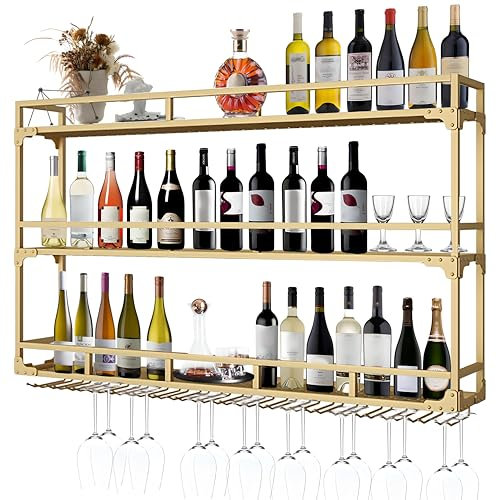 RAJYQODIS Wall Mounted Wine Rack, 3 Tiers Bar Unit Wall Wine Display Racks, Hanging Wine Bottle Metal Display Storage Organizer,for Dining Room, Kitchen, Living Room (Gold, 100cm)