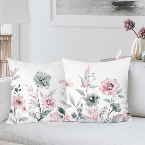Bonhause 2er Set Kissenbezüge Blumen Aquarell 45 x 45 cm Grau Rosa Blume Abstrakt Modern Dekorative Kissenhülle Zierkissenbezüge für Sofa Schlafzimmer Zuhause Garten Dekoration