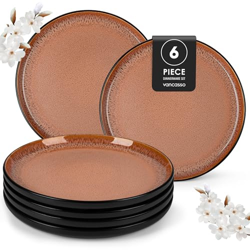 Steingut Teller Set 6 personen, vancasso AMBER Speiseteller Set 6 Stück, Teller Flach ø 26cm, Tiefe Teller Geschirr für Salat, Spülmaschine und Mikrowellenfest, Reaktive Glasur, Feuerrot