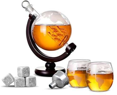 ZhouZGlass 850ML Whiskey Decanter Set, Whiskey Globe Decanter with 2 Glasses, 4 Whiskey Stones, Accessories for Whiskey, Bourbon, Vodka, Tequila, Ideal Gifts for Men