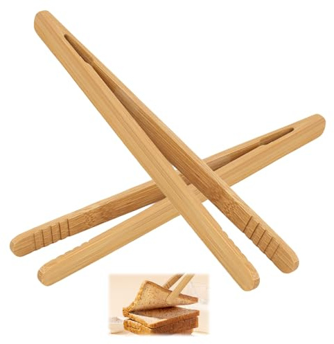 Återanvändbara klassiska bamburostat bröd tongs, tång för rostat bröd, frukt, bröd och gurkor, köksverktyg för ost, bacon, muffins, set med 2 stycken trätänger för matlagning, multifunktionella