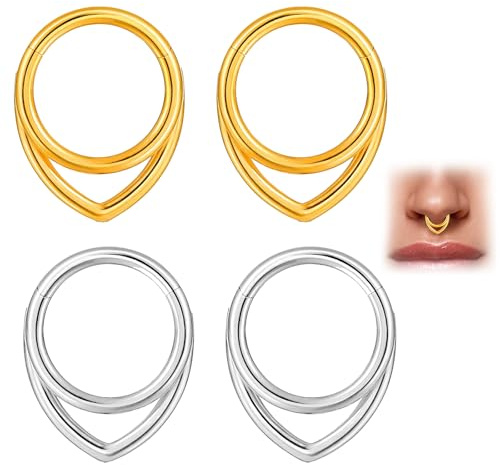 Juadnic Piercing para el septum, oro 2 unidades, 16 g, G23, titanio, septum, clicker, piercing de nariz, joyas de plata y oro, juego de piercings corporales, anillos para hombre y mujer