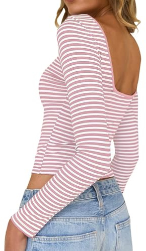 TUUHAW Camiseta Manga Larga Mujer Cuello Barco Básica Top de Espalda Descubierta Ajustada Elástica Camisa Rayas Casual Ligera tee Shirts Túnica Camisas para Otoño Recortada Primavera Rosa y Blanco S