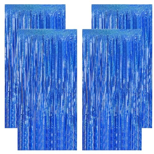 4 Pezzi Tenda Lametta 1m x 2,5m, Fondale Shimmer con Frange Metallizzate, Tinsel Curtain per Compleanno Bambina, Baby Shower, Principessa Party, Photobooth, Decorazioni Festa Rosa (Blu)