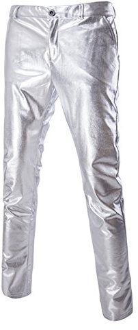 Sliktaa Men's Casual Trousers Jeans Metallic Gold Silver Straight Leg Nightclub Style Pants Slim Fit Club Moto Pants Party Clubwear Halloween/Cosplay, Silver, M