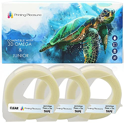 3er Pack Selbstklebenden Etiketten 3D weiß auf transparent Prägeband 9mm x 3m, Kunststoff, kompatibel für DYMO Omega und Junior Etikettenprägegerät