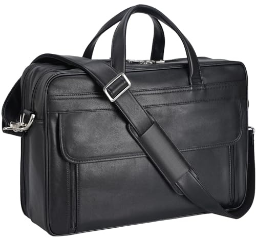 Masa Kawa Black Leather Briefcase for Men 17 Inch Laptop Computer Case Business Travel Work Messenger Cross Body Shoulder Bag
