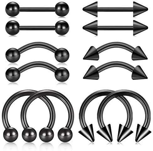 FECTAS 14G Straight Curved Horseshoe Barbells Snake Eyes Tongue Rings Nipplerings Belly Eyebrow Ring Black Stainless Steel Piercing Jewelry Pack 12pcs