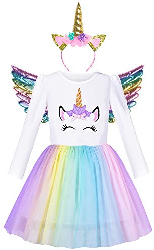 Girls Rainbow Cotton Dress with Unicorn Embroidery - Halloween Party Costume with Horn Headband & Swings - Age 7