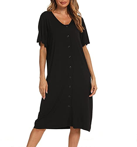 Jecarden Chemise de nuit confortable à manches courtes pour femmes, pour la maternité et pour le jour de l’accouchement à l’hôpital, Noir , XL