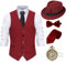 Gionforsy 20er Jahre Herren Weste Kostüm Zubehör Set mit Hut Weste Fliege Krawatte Taschenuhr Gangster Accessoires Set für Great Gatsby Mottoparty Halloween Karneval Fasching (Streifen Weinrot, L)