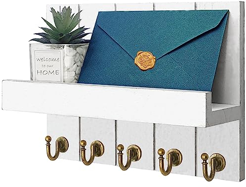 Baoswi Key and Mail Holder for Wall, Key Hanger with Shelf Wood Wall Shelf with Hooks - 5 Hooks for Decorative Retro Hanging Organiser Rustic Farmhouse Decor for Entryway (White)