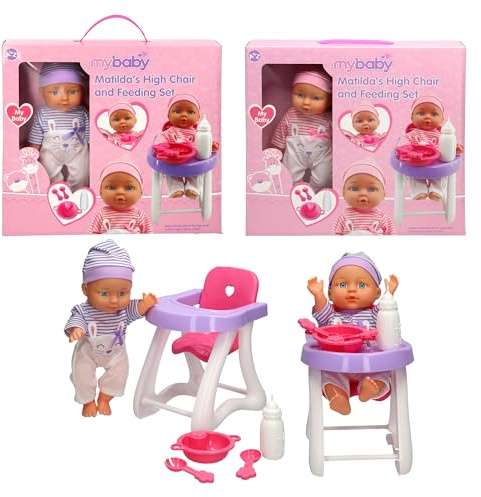 Teach Time MyBaby Matilda's High Chair and Feeding Set, Baby Doll with Striped Outfit, 23cm Chair with Accessories, Pink and Purple