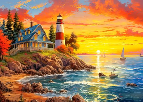1000 Piece Puzzle for Adults, Lighthouse Puzzles for Adults 1000 Piece, Seaside Sunset Landscape Jigsaw Puzzle 1000 Pieces, Seashore Cabin Puzzle Coastline Puzzles