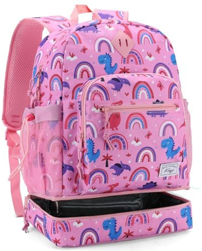 Kasgo Cartable Fille Primaire, Grand Sac à Dos Isotherme Enfant 8-12 Ans 2 en 1 A4 Sac d'École avec Bandes Réfléchissantes pour Scolaire Voyage Pique-nique Dinosaure Rose