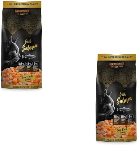 LEONARDO Salmón Fresco | Paquete Doble | 2 x 250 g | Pienso sin Cereales para Gatos | con salmón Fresco y Ave | Contiene Verduras, Bayas, Hierbas y extracto de Oliva