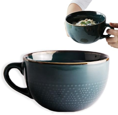 YUNXCNA Tazas Grandes de Cerámica, Tazas de 700 ml, Ensaladeras, Tazón para sopa de Fideos, Cuencos para Cereales, Tazas para Capuchino, con asa, para Postres Lácteos, Avena, Verde Oscuro
