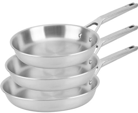Florina Set Poêles en acier inoxydable LUCIDA | 20 CM, 24 CM, 28 CM | 3 pièces | Construction 3 couches | Noyau aluminium | Compatible four | Poignée ergonomique | Finition miroir | Tous feux