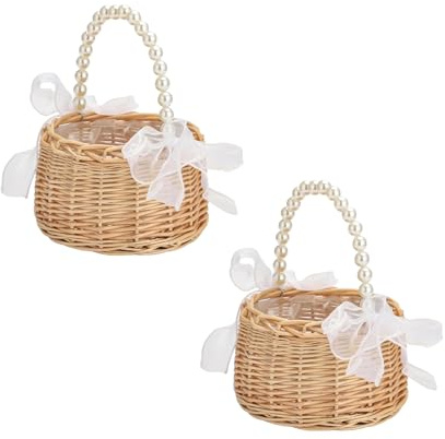 2 pezzi vimini rattan ragazza cesto di, cesto di fiori con manico e fiocco Cestini per fiori da sposa Cestino in vimini per il matrimonio (C)