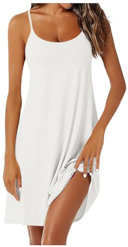 Generisch Camisón de verano para mujer, de algodón, sin mangas, sexy, tirantes delgados, vestido de noche, cuello redondo, monocolor, camiseta de dormir larga, enagua, A01 blanco., M