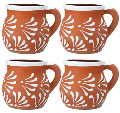 Baderke 4 Pack Mexican Pottery Mugs Mexican Coffee Mugs Clay Cups for Women Men Birthday Graduation Wedding Holiday Parties Gifts, White Terracotta Design, 12 oz