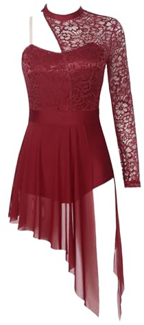 Xnihocha Womens Lace Lyrical Dance Costumes Ballet Gymnastics Leotard High-Low Skirt Figure Skating Dress Burgundy L