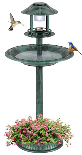 COSTWAY Bain d'oiseaux 3 en 1 Énergie Solaire, Décoration d'Extérieur sur Pied Rétro Éclairé avec Lampe Base de Jardinière de Fleurs Mangeoire, Abreuvoir pour Oiseaux Léger pour Jardin (Bronze Vert)