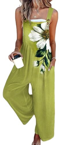 QXE Women's 2026 Green Floral Print Overalls Jumpsuits One Piece Sleeveless Wide Leg Long Pants Rompers with Pockets