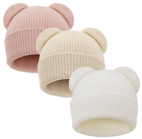 DRESHOW Bonnet pour Bébé Bonnet Hiver Bébé Unisexe en Tricot Doux avec Oreilles d'ours Mignonnes pour Garçon Fille Beanies Chaud pour 6-24 Mois