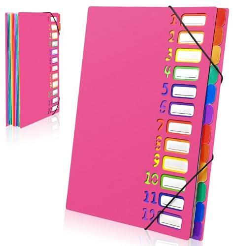 Gemtte A4, mappsystem med 12 fack, 24 fickor dokumentmapp mapp, färgglad vattentät organisationsmapp för skola, kontorsmaterial (rosenröd)