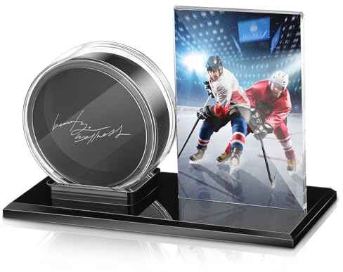 DoubleFill Hockey Puck and Card Display Case Acrylic Clear Holder Black Base Ring Stand Set Hockey Puck Centerpieces Protector Memorabilia Showcase