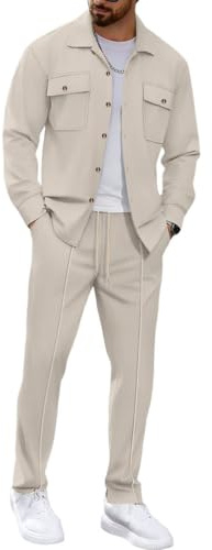 Oanviso Hombre 2 Piezas Mangas Largas Chaqueta + Pantalones Chaquetas Shacket Bolsillos Otoño Completo Deportivos Conjuntos Set Casual Traje A Caqui XL