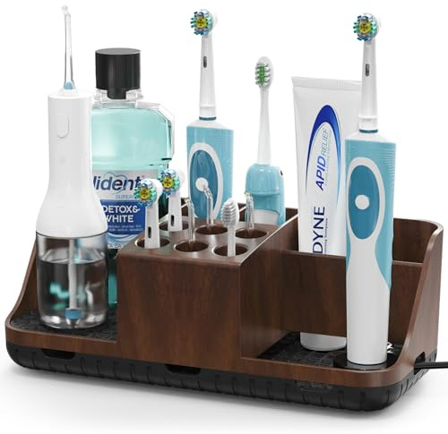 toprance Portaspazzolino marrone effetto legno con 11 scomparti antiscivolo per il bagno e organizzazione con apertura per cavo per spazzolino da denti familiari, dentifricio e spazzolino elettrico