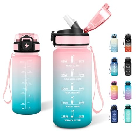 JAPORIA Borraccia 500ml, Borraccia con Cannuccia, Bottiglia Acqua con Scala Temporale, Bottiglia Scuola per Ufficio, Bambini, Campeggio, Viaggio
