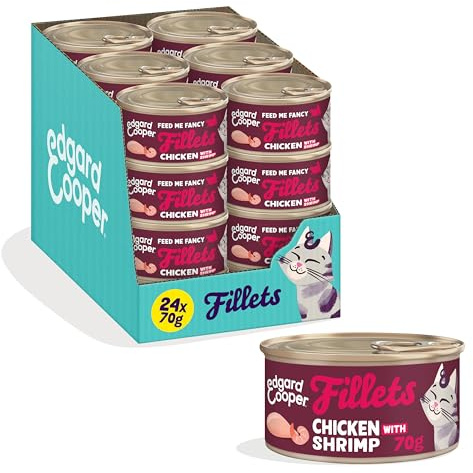 Edgard & Cooper Cibo Umido per Gatti, Sfilaccetti in Brodo, Pollo con Gamberetti 24 x 70g, Cibo per Gatti Senza Cereali, Naturali, Anche per Gatti Sterilizzati, Pollo Vero & Gamberetti certificati ASC