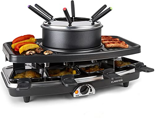 Klarstein 3-in-1 Raclette Grill Machine & Fondue Set, 1100W Stone Indoor Grills Raclette Machine, Wide Table Top Grill w/ 8 Small Pans Forks, Cheese Fondue Sets for Cooking Indoors