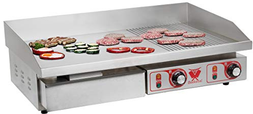 Beeketal 'BGP-b2' Profi Gastro Gusseisen Grillplatte elektrisch mit 2 separat regelbaren Grillzonen, stufenlos regelbar 50-300 °C (4400 Watt), Edelstahl Spritzschutz und großem Fett Auffangbehälter