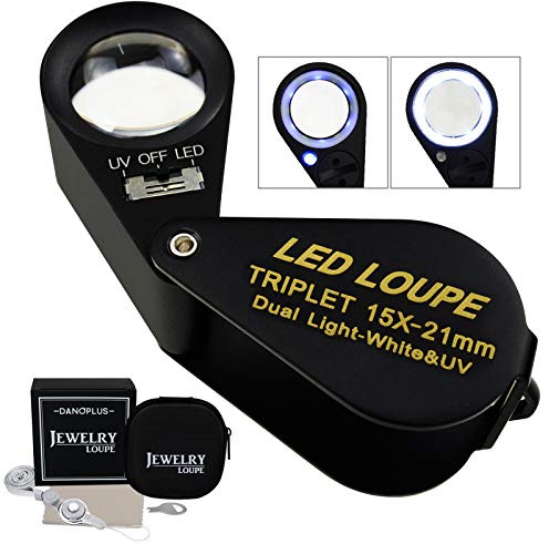 15x Magnifier Jewelry Loupe LED UV 21mm Triplet Lens Optical Glass Pocket Gem Magnifying Tool Jeweler, Stamp Philatelist, Coin Numismatic