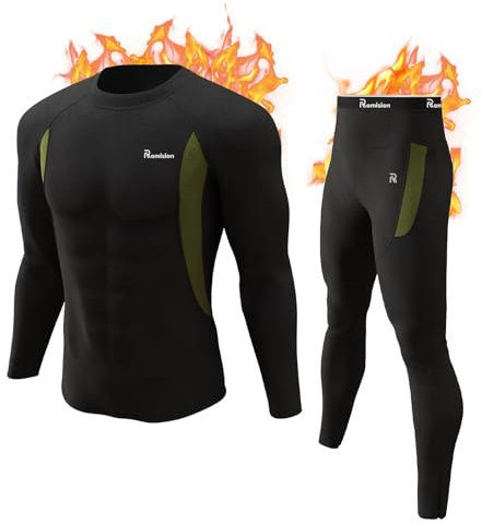 romision Thermal Underwear for Men- Long Johns Base Layer Fleece Lined Top and Bottom Set for Cold Weather crew neck Black M