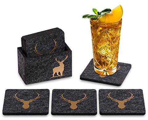 Edles Set Filz-Untersetzer Hirsch Anthrazit-Gold, Glasuntersetzer-Set, 9-teilig, Für Wein, Bier, Cocktail